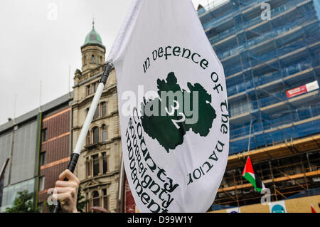 Belfast, Irlanda del Nord. Il 15 giugno 2013. Il repubblicano irlandese movimento il 32 County sovranità Comitato tenere la loro bandiera ad un anti-G8 protesta organizzata dal Congresso irlandese dei Sindacati (ICTU) Credito: Stephen Barnes/Alamy Live News Foto Stock