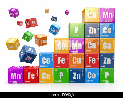 Concetto di chimica. La parete da cubi wiyh tavola periodica degli elementi. 3d Foto Stock