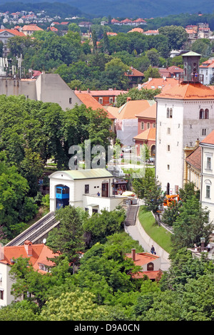 La funicolare di Zagabria, uno del più breve il trasporto pubblico funicolari nel mondo, monumento della cultura Foto Stock