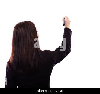 Ritratto di una imprenditrice scrivendo sull'oggetto invisibile isolato su bianco Foto Stock