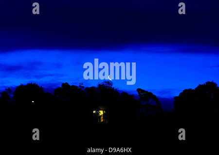 Accogliente casa con la ceretta moon silhouette nera di alberi con un cielo blu Foto Stock