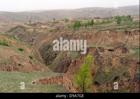 Gole profonde in Qingshuihe una contea lungo il confine tra il loess Plateau e Mongolia Interna Altopiano in Cina.11-Maggio-2011 Foto Stock