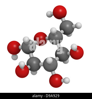 Glucosio (beta-D-glucosio, zucchero d'uva, destrosio) molecola, struttura chimica. Gli atomi sono rappresentati come sfere Foto Stock