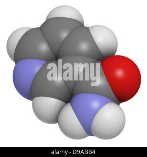 Vitamina B3 (niacinammide, ammide di acido nicotinico), modello molecolare. Gli atomi sono rappresentati come sfere convenzionale con codifica a colori Foto Stock