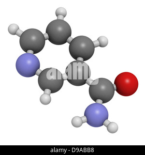Vitamina B3 (niacinammide, ammide di acido nicotinico), modello molecolare. Gli atomi sono rappresentati come sfere convenzionale con codifica a colori Foto Stock