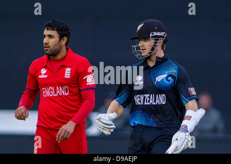 Cardiff, Galles. 16 Giugno, 2013. Inghilterra Ravi Bopara e Nuova Zelanda Kane Williamson durante l'ICC Champions Trophy international cricket match tra Inghilterra e Nuova Zelanda a Cardiff Galles Stadium il 16 giugno 2013 a Cardiff, nel Galles. (Foto di Mitchell Gunn/ESPA/Alamy Live News) Foto Stock