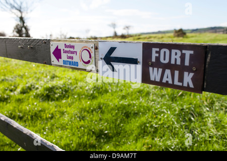 Un segno dirigere i camminatori e i visitatori a Donkey Sanctuary Liscarroll nella Repubblica di Irlanda. Foto Stock