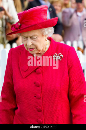 Egham, Regno Unito. 16 Giugno, 2013. La Gran Bretagna è la Regina Elisabetta II assiste il Cartier Queen's Cup finale al Guards Polo Club in Egham, 16 giugno 2013. Foto: Albert Nieboerdpa/Alamy Live News Foto Stock