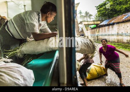 Yangon, Unione di Myanmar. Il 15 giugno, 2013. Una donna aiuta il suo marito ottenere la loro roba di Yangon treno circolare come si tira nella loro stazione. L Arcidiocesi di Yangon ferroviaria circolare è il locale dei pendolari rete ferroviaria che serve il Yangon area metropolitana. Azionato da Myanmar Ferrovie, 45,9-chilometro (28.5Â mi) 39-stazione di sistema ad anello collega città satelliti e zone di periferia della città. La ferrovia ha circa 200 autobus, esegue 20 volte e vende 100.000 a 150.000 biglietti giornalieri. Il loop che richiede circa tre ore per completare, è un popolare per i turisti a vedere una sezione della vita nella diocesi di Yan Foto Stock