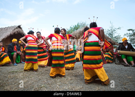 Naga donne tribali in abito tradizionale danza nel Festival Hornbill, Kohima, Nagaland, India Foto Stock