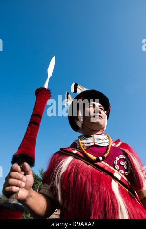 Naga guerriero tribale in piedi con la lancia, Hornbill Festival, Kohima, Nagaland, India Foto Stock