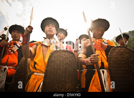 Naga guerrieri tribali in abito tradizionale con lance e scudi, Hornbill Festival, Kohima, Nagaland, India Foto Stock