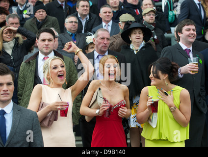 Gli spettatori nelle gabbie a Eglinton per il Grand National 2013 Onorevoli giorno Foto Stock