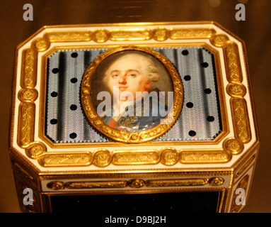 Tabacchiera. Oro, smalto, avorio. Attribuito a P.M.C. miniatura del Louis XV1. [Dipinta da Louis-Marie Sicardi 1746-1825), Swiss ca 1790. Foto Stock