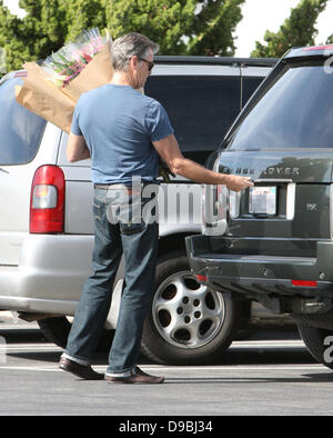 Pierce Brosnan porta due mazzi di fiori dopo lo shopping a Malibu mercato agricolo il Los Angeles, California, Stati Uniti d'America - 29.01.12 Foto Stock