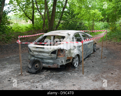 Bruciata Auto nel parco boschivo, Norfolk, Inghilterra Foto Stock