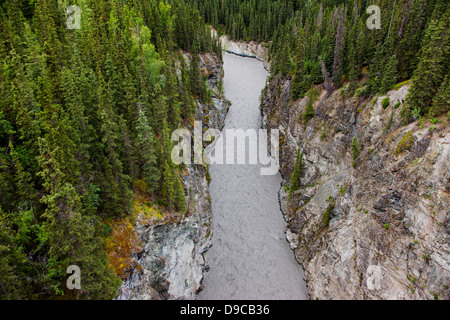 Fiume Kuskulana vista dal ponte Kuskulana, c 1910, costruito dal fiume di rame e di Northwest Railroad per accedere alle miniere Kennecott Foto Stock