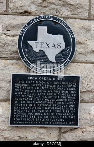 CROW OPERA HOUSE del primo piano di questo edificio di pietra calcarea, eretto prima del 1892, alloggiato il Erath County National Bank, con la dott.ssa M. S. Crow come presidente. Sua moglie Mollie Jane Crow suggerito uso del piano superiore per eventi culturali. Il teatro auditorium, che deteneva circa 400 persone, è stato il sito di produzioni teatrali, di danza e di incontri di città. Il suo uso è diminuito dal 1920 con la salita del motion pictures. Altre imprese commerciali in seguito occupata stile romanico struttura. Registrati Texas Historic landmark - 1977 Foto Stock
