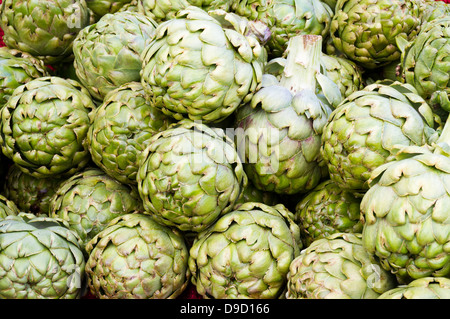 Appena raccolte verdi carciofi in mostra presso il mercato degli agricoltori Foto Stock