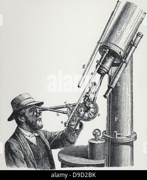 Joseph Norman Lockyer (1836-1920) osservando lo spettro solare attraverso un multiplo di uno spettroscopio a prisma montato in un telescopio rifrattore. Uno degli scopritori di gas elio che si chiama. Foto Stock