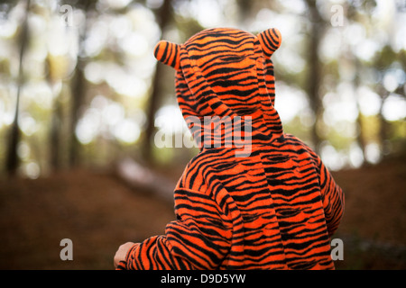 Vista posteriore del toddler maschio in tiger suit esplorare i boschi Foto Stock