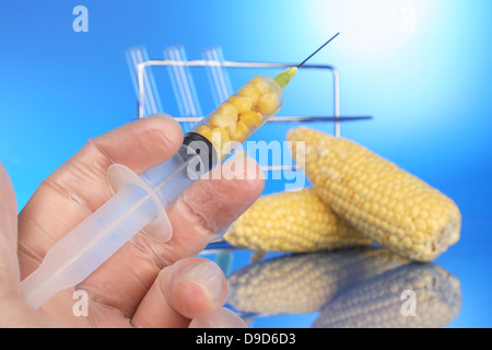 Mano con una siringa e tutolo di mais Foto Stock