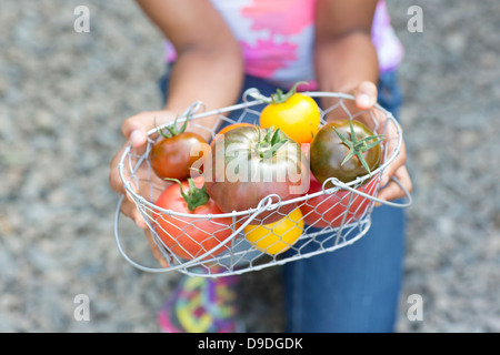 Ragazza con cesto di pomodori maturi, immagine ritagliata Foto Stock