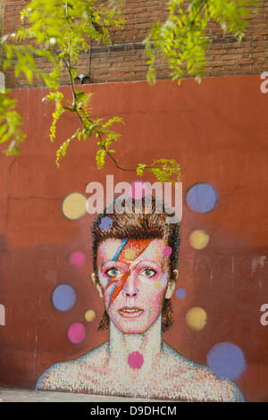 Brixton, Londra: 18 giugno 2013 - un murale di iconico musicista e cantante David Bowie è apparso sulla parete del Morleys department store di Brixton, Lambeth, nel sud di Londra. La faccia di Bowie è originato (dall artista James Cochran, aka Jimmy C) dal coperchio del suo 1973 album Aladdin Sane all'altezza dei suoi anni settanta fama. L'icona del pop ha vissuto a 40 Stansfield Road, Brixton, dalla sua nascita nel 1947 fino al 1953. Questo coperchio è apparso in Rolling Stone la lista dei 500 migliori album di tutti i tempi, rendendo #277. Credito: Richard Baker / Alamy Live News Foto Stock