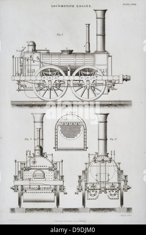 Stephenson vapore locomotore ferroviario circa 1859. Lato posteriore e anteriore elevazioni. Incisione, 1862. Foto Stock