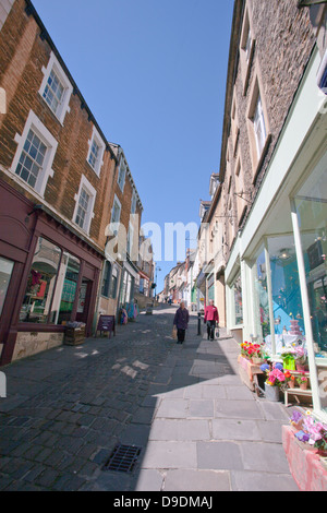 La variegata selezione di negozi indipendenti sulla storica Catherine Hill a Frome, Somerset, Inghilterra, Regno Unito Foto Stock