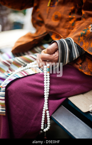 Close-up di una donna di mano che tiene i grani di preghiera, monastero tibetano, Delhi, India Foto Stock