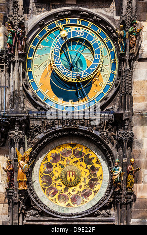 Orologio Astronomico di Praga o Orloj (Pražský orloj) e calendario sul Municipio in piazza della Città Vecchia di Praga, Repubblica Ceca. Foto Stock