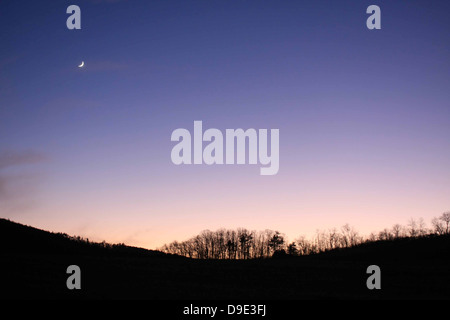 Orizzontale, blu viola tramonto sulla montagna e alberi con la mezzaluna Foto Stock