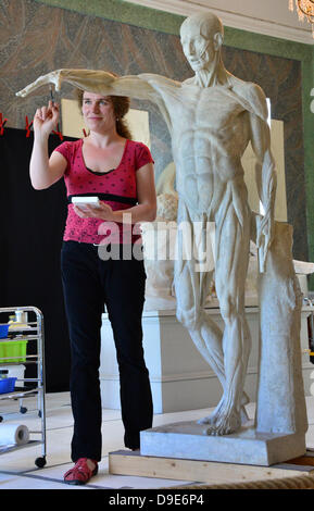 Il restauratore Maria Randhage opere su 'Muscle Man' statua da scultore francese Jean-Antoine Houdon (1741-1828) in primo piano presso il Museo del Palazzo a Schloss Friedenstein nel Gotha, Germania, 18 giugno 2013. Numerose sculture sono in corso di restauro presso il museo che ospita una collezione eccezionale di 22 di Houdon opere del. Foto: MARTIN SCHUTT Foto Stock