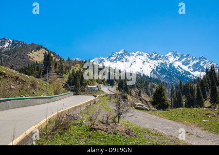 La natura delle montagne, il verde degli alberi e il blu del cielo, strada a Medeo ad Almaty in Kazakhstan,Asia di estate Foto Stock