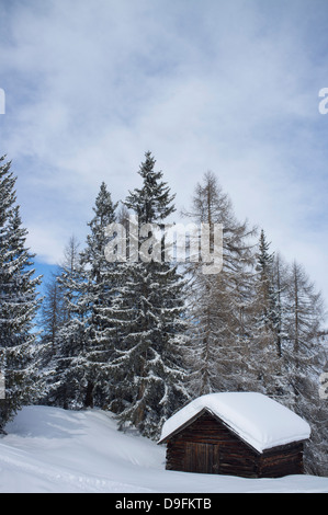 Un vecchio fienile in legno ricoperta di neve in Alta Badia ski resort vicino a Corvara nelle Dolomiti, Alto Adige, Italia Foto Stock