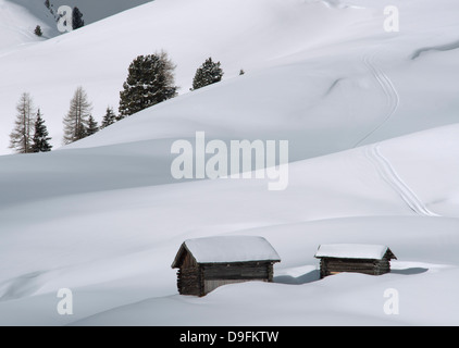 Due vecchi fienili in legno circondato da neve profonda nelle Dolomiti, Alto Adige, Italia Foto Stock