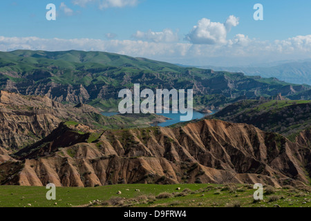 Lo scenario verde intorno al Darbandikhan lago artificiale sul confine di Iran, Iraq Kurdistan, Iraq, Medio Oriente Foto Stock