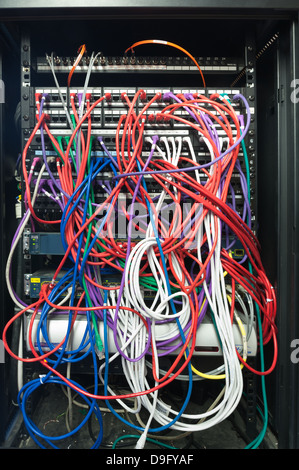 Giunzione di spaghetti all'interno di un telaio principale server dell'organizzazione di grandi dimensioni con mis match di fili aggrovigliati in cerca di confondere Foto Stock