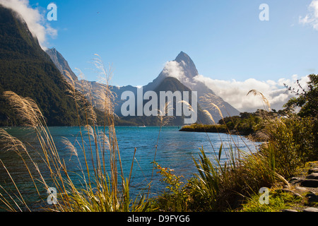 Mitre Peak, Milford Sound, Parco Nazionale di Fiordland, Sito Patrimonio Mondiale dell'UNESCO, Isola del Sud, Nuova Zelanda Foto Stock