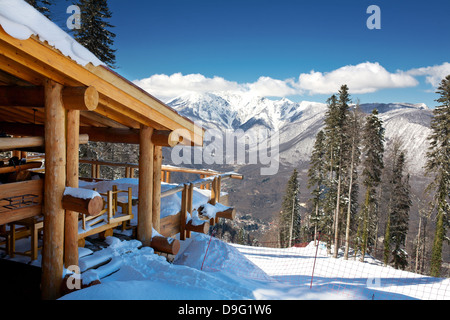 Sci in legno chalet in neve, vista montagna Foto Stock