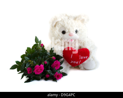 Vista dall'alto di orso di peluche con bouquet di rose rosa isolato su  bianco Foto stock - Alamy