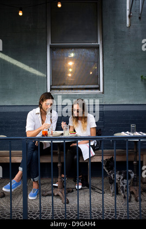 Williamsburg, Brooklyn, New York, panca, coppia giovane avente il pranzo in terrazza Foto Stock