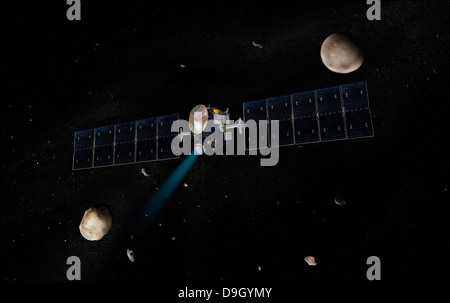 Artista del concetto di Alba un veicolo spaziale in orbita intorno a grandi asteroidi Vesta e dwarf planet Ceres. Foto Stock