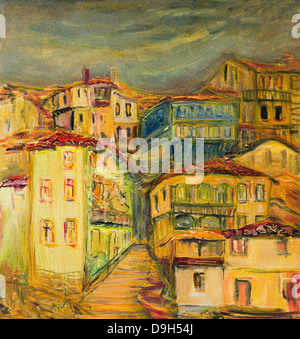 Un dipinto ad olio su tela di vecchi vivid case di villaggio con strade strette spalmata su una collina con grigio scuro dello sfondo del cielo. Foto Stock