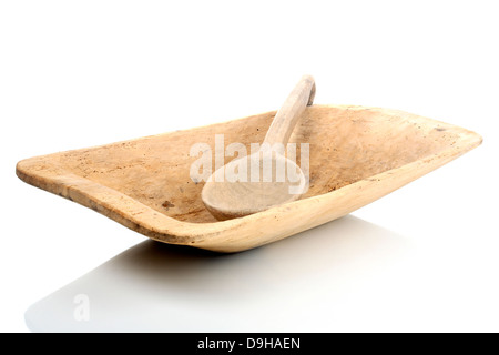 Ciotola di legno con una cazzuola, ciotola di legno con un mestolo, Foto Stock