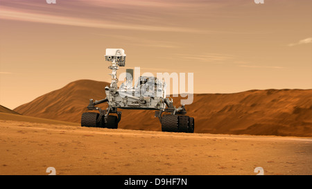Artista concetto della NASA Mars Science Laboratory curiosità rover. Foto Stock