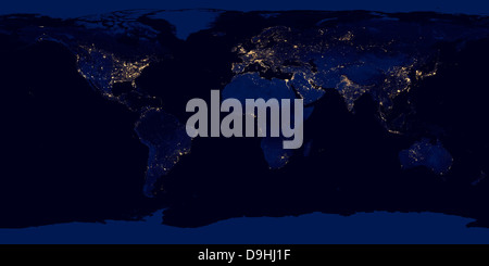 Mappa piatta della terra che mostra le luci della città di tutto il mondo durante la notte. Foto Stock