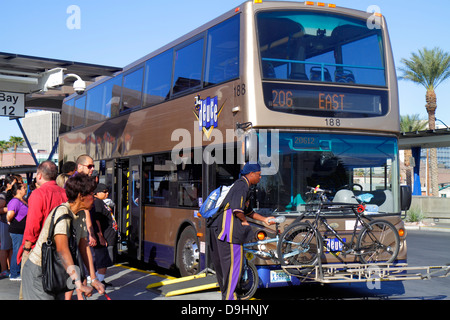 Las Vegas Nevada, autobus pubblico, pullman, RTC Transit, autostrada Route 206, passeggeri motociclisti, portabiciclette, a due piani, a due piani, NV130329106 Foto Stock