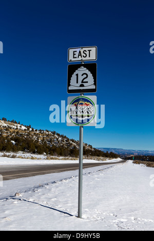 Scenic Byway highway 12 est a firmare con la neve in inverno, Utah, Stati Uniti d'America Foto Stock